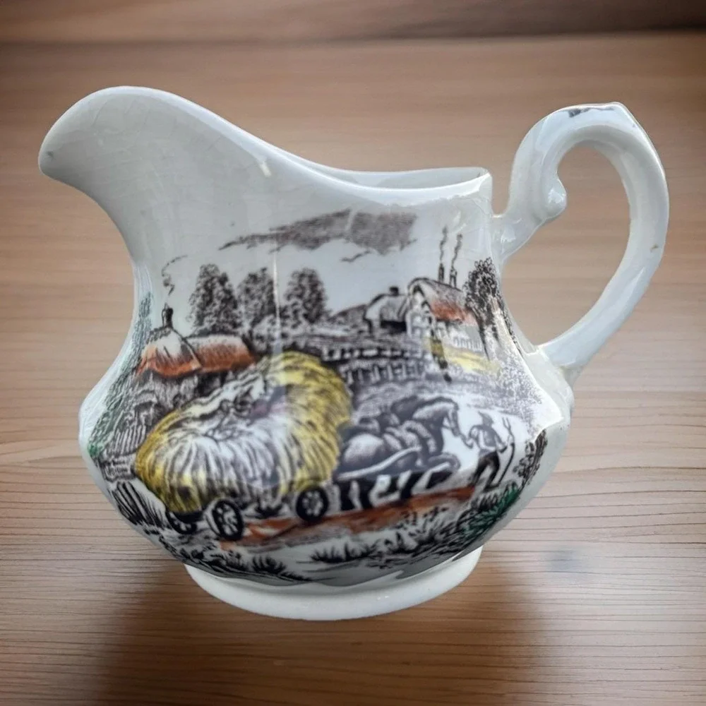 Yorkshire Hand Engraved Ironstone Sugar Bowl / Creamer Staffordshire England VTG